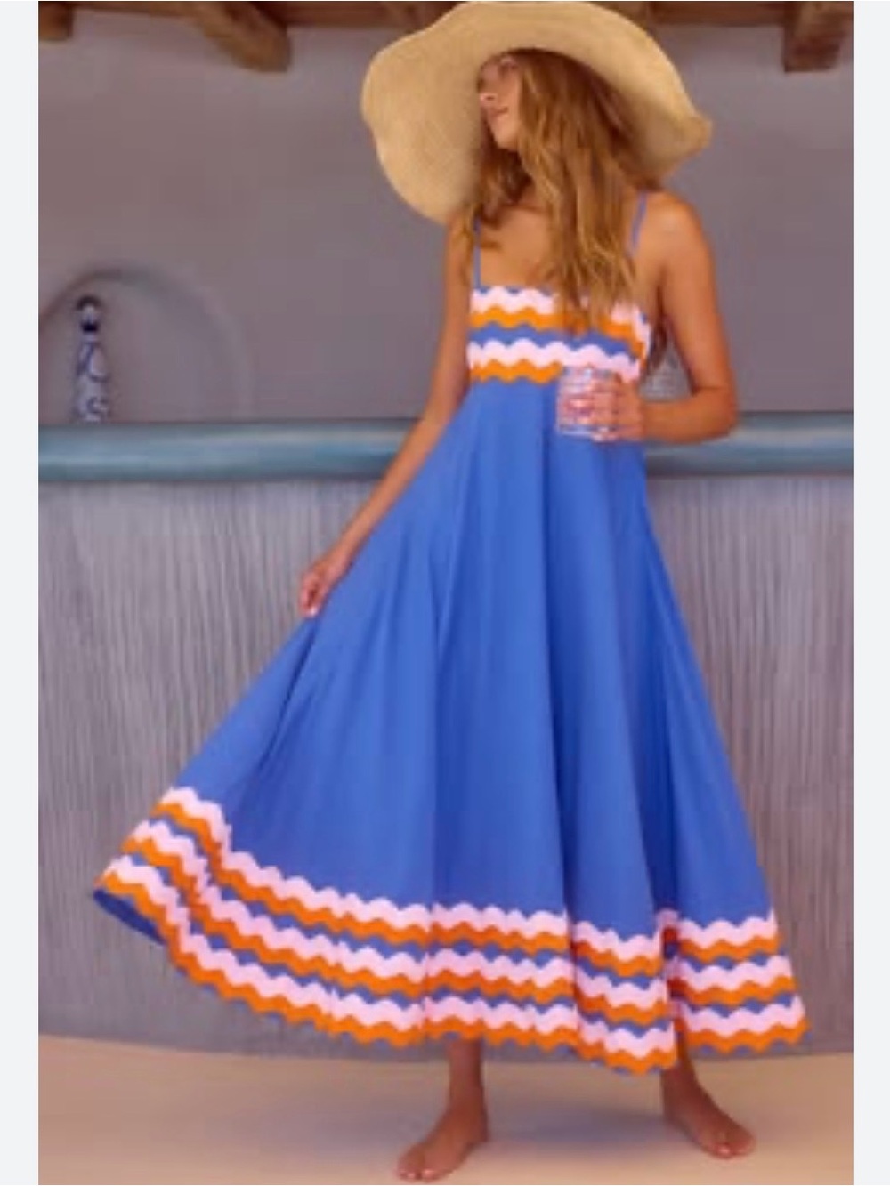 Mister zimi Blue Maxi. Meadow Dress with Pink and Orange Trim